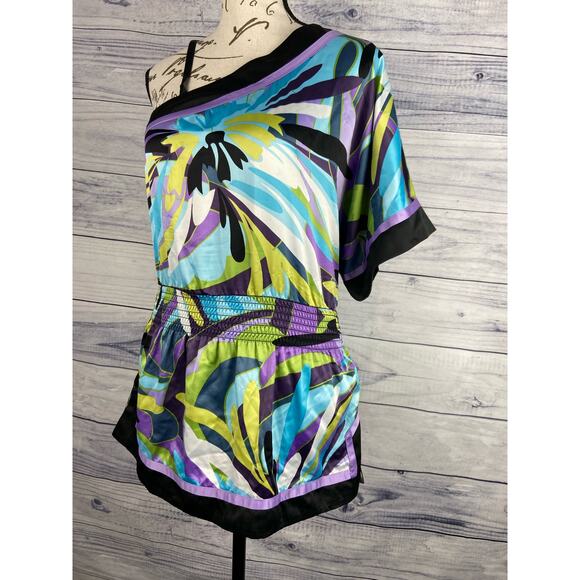 Iz Byer One Shoulder Blouson Top Womens S Smock Waist Side Slits Colorful Tunic - Picture 2 of 12
